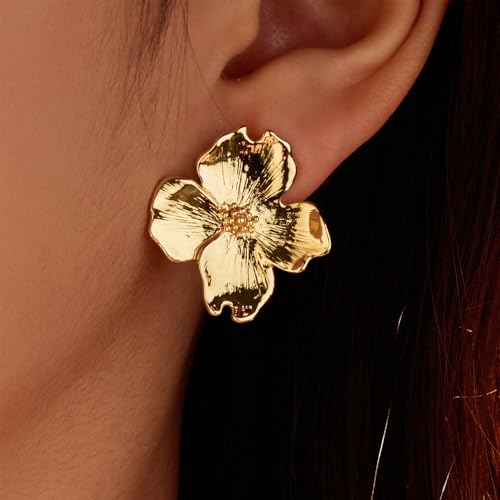 18K Gold-Plated Flower Earrings Large Flower Stud Earrings Chunky Floral Dangle Drop Earrings Trendy Jewelry Gifts for Women(E2)2