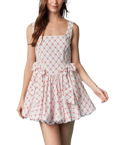 Image of Women Y2K Tie Shoulder Mini Dress Bow Babydoll Ruffle Short Dress Summer Boho Floral Flowy Beach Sundress