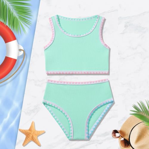 Image of Girls Bathing Suit Toddler Swimsuits 2 Piece Bikini Sets Round Neck Colorful Lace Teen Girls Swimwear 3-14T