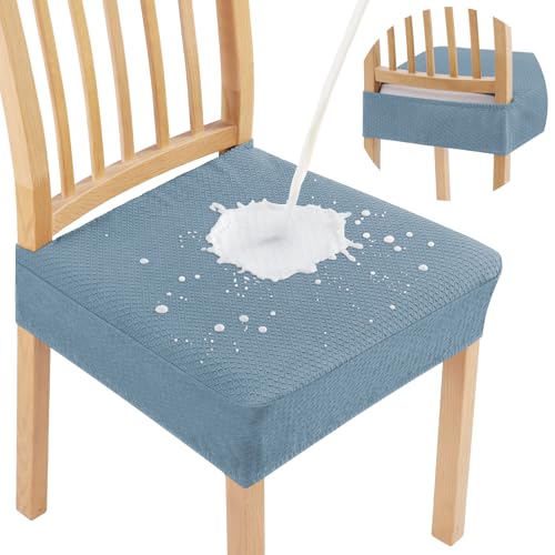 Image of Smiry Waterproof Seat Covers for Dining Room Chairs, No Rear Covers | Stretch Jacquard Removable Washable Chair Seat Slipcovers Protector, Set of 8, Airy Blue
