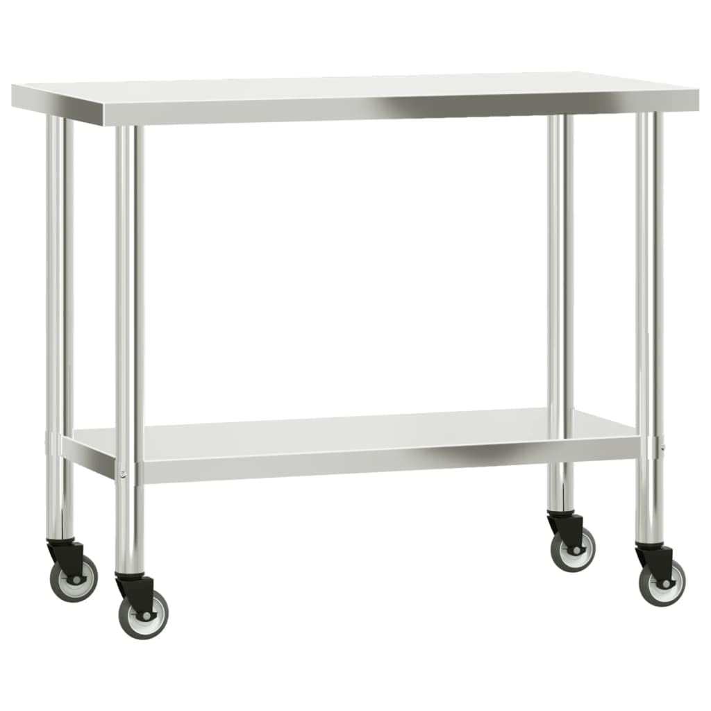 Mesa de trabajo de cocina de acero inoxidable, 110 x 55 x 120 cm, 4 ruedas, con freno, para gastronomía, restaurante, cafetería, bar, hotel, cantina, acero inoxidable