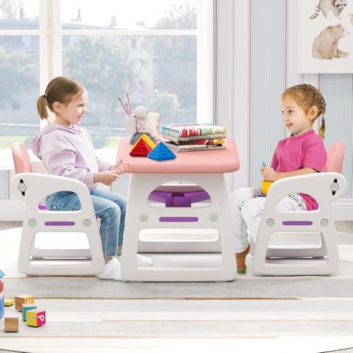 HONEY-JOY-Kids-Table-and-Chair-Set-Plastic-Children-Activity-Table-and-2-Chairs-wBuilding-Blocks-Storage-for-Art-Craft-Toddler-Table-and-Chair-Set-for-Daycare-Playroom-Gift-for-Boys-Girls-Pink HONEY JOY Kids Table and Chair Set Plastic Children Activity Table and 2 Chairs wBuilding Blocks Storage for Art Craft Toddler Table and Chair Set for Daycare Playroom Gift for Boys Girls Pink