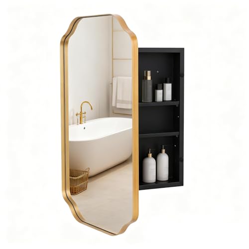 VIWILII Gold Metal Medicine Cabinet French Design Bathroom Mirror with Storage Recessed or Surface Mounted 2 Adjustable Metal Shelves (Brushed Gold 16x24)