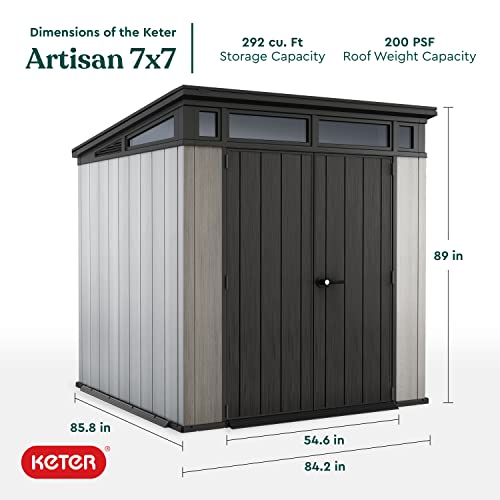 Image of Keter Artisan 7 x 7 Foot Large Modern Design Outdoor Shed with Floor for Outdoor Furniture, Lawn Equipment, Bikes, and Gardening Tools, Gray