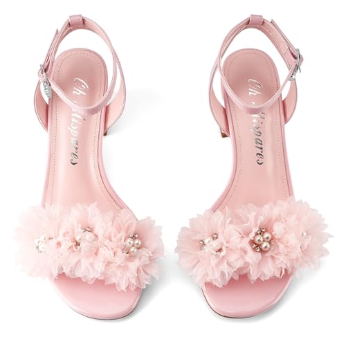 Oh Mispares Block Heel Sandals for Women Flower Pearl Heels Round Open Toe Ankle Strap Pink Elegant Heeled Sandals for Wedding Party Dressy4