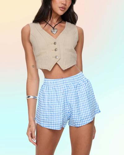 Image of Chunoy Women's Plaid Boxer Shorts Summer Casual Gingham Pajama Bottoms Short with Pockets