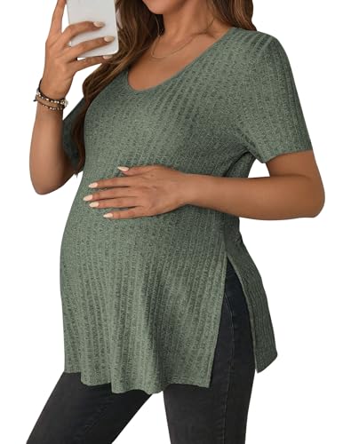 JiniGolla Women's Maternity T Shirt Ribbed Knit Pregnancy Tops Side Split Casual Maternity Blouse