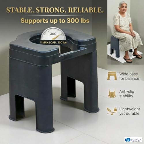 Image of Veayva FlexEase Commode Stool - Wide Seat, Non-Rust Plastic, Knock-Down Design | Shower-Friendly Toilet Stool for Elderly, Disabled, Adults | Lightweight & Hygienic (Onyx Noir Black)