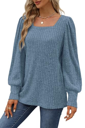 Image of WIHOLL Long Sleeve Shirts for Women Trendy Casual Square Neck Tops Lightweight Sweaters