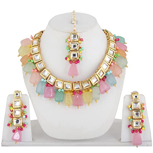 Image of LUCKY JEWELLERY Back Meenakari 18k Gold Plated Mutlicolor Color Square Shape Tika Earring Combo Jewellery Set Uncut Kundan Big Kundan Dibbi Kundan Choker Necklace Set for Girl's & Women