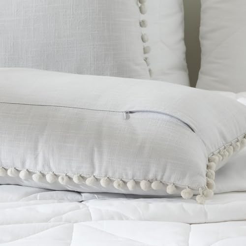 Image of 100% Cotton Pom Pom Cushion with Filler, Elegant & Modern Cushion Cover for Living Room, Rectangle, 12 inchx20 inch, uni slub, Set of 4 - L.Gray