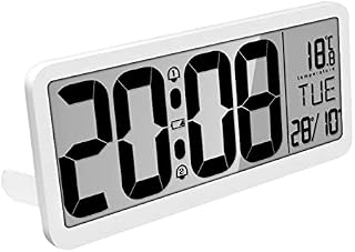 Large LCD Display Digital Wall Clock, Silent Alarm Clock with Time, Date, Temperature, Week Functions (White)