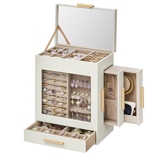 SONGMICS Jewelry Box with Glass Window, 5-Layer Jewelry Organizer with 3 Side Drawers, Jewelry Storage, with Big Mirror, Modern, 5.1 x 7.9 x 9.7 Inches, Cloud White and Metallic Gold UJBC172