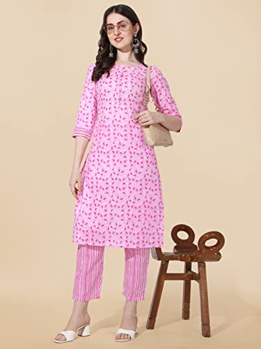 Image of MIRCHI FASHION Women Straight Cotton Blend Jaipuri Print Kurti Set with Pant (K9342 - Pink, White - S)