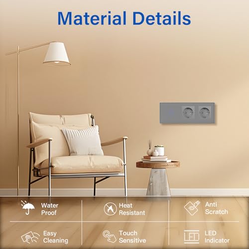 BSEED Touch Lichtschalter mit Steckdosen 1 Fach 1 Weg Wandschalter mit doppelten Steckdosen Unterputz Touchscreen-schalter mit Glasrahmen 228mm Grau