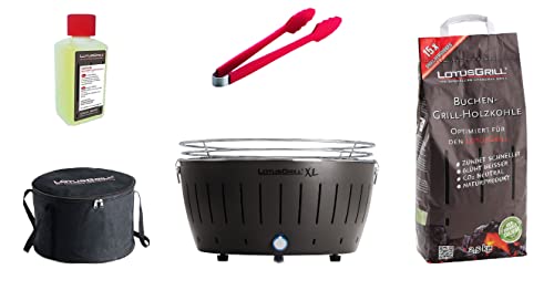 LotusGrill XL Grill Anthrazitgrau mit USB-Anschluß, Buchenholzkohle 2,5 kg, Brennpaste 200ml, Zange, Transport-Tasche XL - Raucharmer Holzkohlegrill