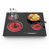 Gveyajo Plaque Vitrocéramique 60 cm, 4 Foyers, Table Électrique Encastrable 6700W, Commande Tactile, Minuterie, Sécurité Enfants, Verre Noir, Tous Ustensiles, Raccordement Fixe