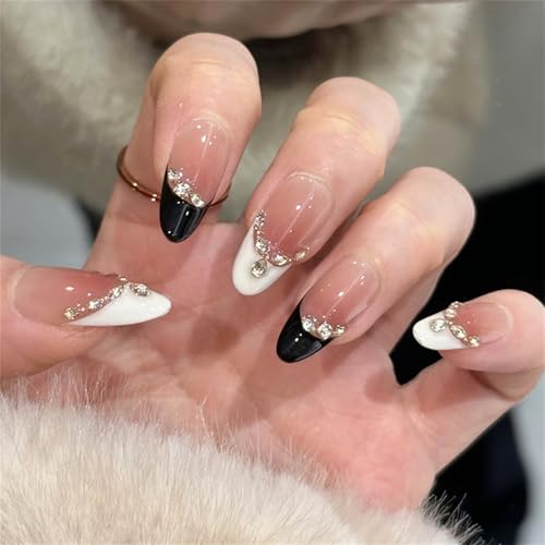 Image of 30pcs Black White False Nails - French Tip False Nails Medium Length - Fake Nails with Broken Drill - Full Cover Acrylic Almond False Nail Tips for Women Girls Nail Art
