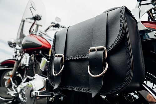 Image of Willie & Max Dowco 58330-20 Braided Series: Synthetic Leather Large Straight Motorcycle Saddlebag Set, Black, Universal Fit, 15 Liter Each /30 Liter Total Capacity