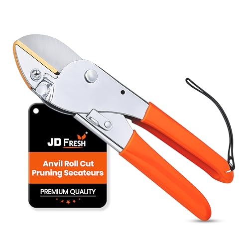 Image of JD FRESH Anvil Roll Cut Pruning Secateurs 8 Inch, Alloy Steel Blade Plant Cutter, Garden Pruning Shears for Dry & Hard Branches, Stems, Shrubs & Flowers with Safety Lock, Anti Slip Handle, Orange