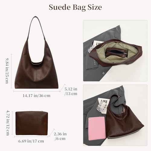 Image of Leather Hobo Bags for Women Slouchy Tote Bag Retro PU Leather Purse Soft Shoulder Handbags Large Work Tote Bag 2pcs