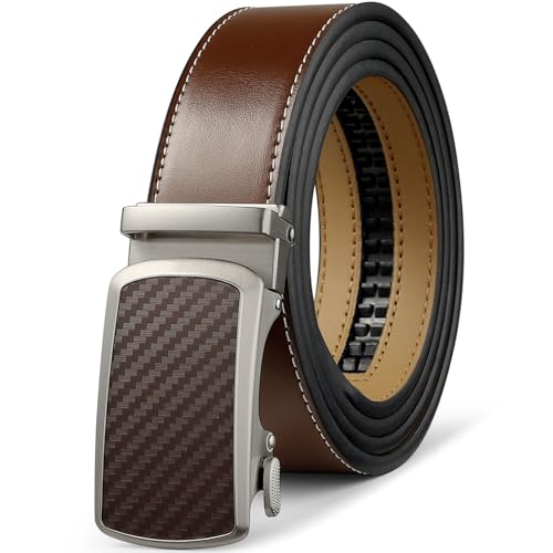 Image of Drowsmen Leather ratchet belt 1 3 /8 inch with Click Sliding Automatic Buckle, Adjustable belt Trim to Fit
