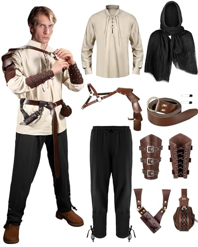 Panitay 8 Pcs Men's Renaissance Costume Set Halloween Medieval Viking Shirt Pant Belt Cape Bracer Sword Bag(Large,Classic Color)