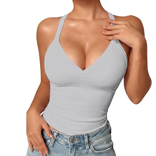 Camiseta sin mangas de punto acanalado con cuello en V para mujer, diseño de espalda cruzada con acolchado extraíble, camiseta básica ajustada de línea larga, camiseta elástica sin costuras para usar