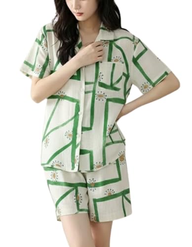 Image of Women Korean Printed Cotton Shirt & Shorts Summer Night Co-Ord Set | Casual Printed Cotton 2 Piece Pajama Set |Button Down Shirt & Shorts Matching Combo |Cute Pjs Sets For Beach Sleepwear Loungewear