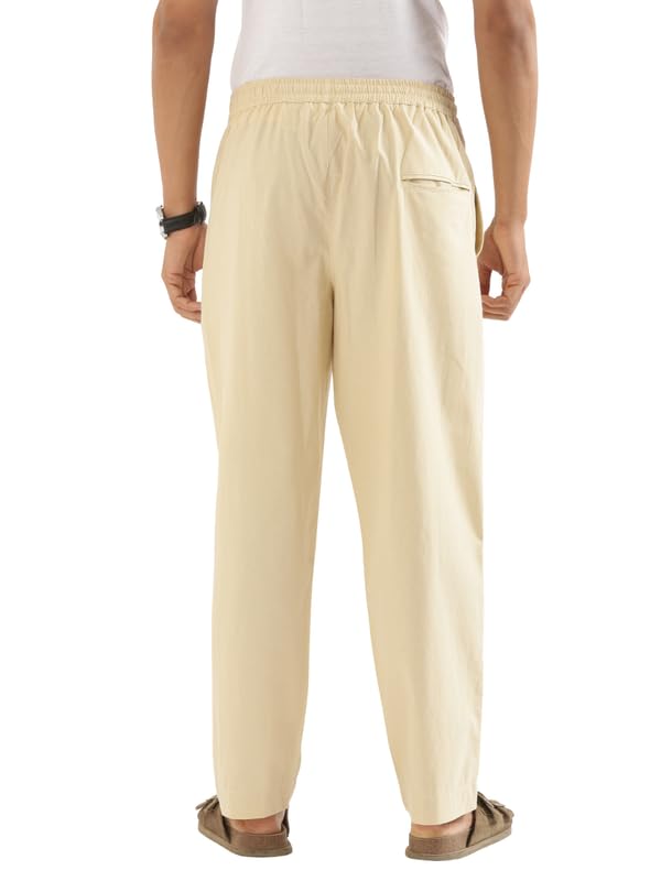 Image of SAADAA Men's 100% Cotton Pants | Mid-Rise Straight Fit Casual Trousers with Elastic Waistband and 3 Pockets | Everyday Wear