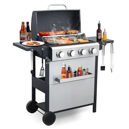 GRILL DEPOTS 4-Burner Propane Gas Grill, Stainless Steel Control Panel, Easy Ignition, Temperature Gauge, 2-Enameled Cooking Grids, Portable With Wheels For 34,200 BTU Outdoor Barbecue BBQ Grill