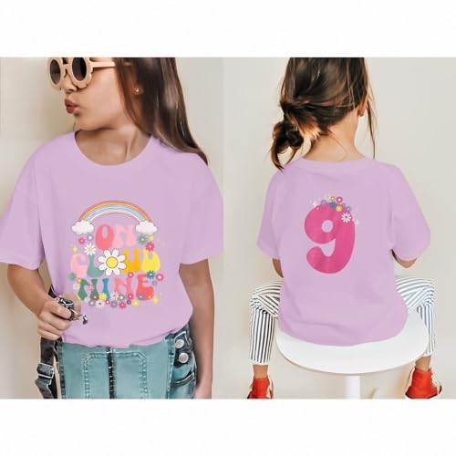 On Cloud Nine Birthday Girl Shirts Kids Girls Birthday Outfits Flower 9th T-Shirt Party Tees Tops 9 Years Old3