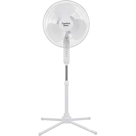 Comfort Zone Stand Fan, 16 inch Pedestal Fan for Bedroom, 3 Speed Floor Fan, 90 Degree Oscillation, Adjustable Height, Adjustable Tilt, Oscillating Air Circulator, Quiet Fan for Home or Office, White