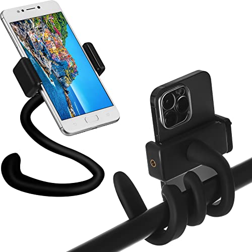 Image of Amylove 2 Pcs Stroller Phone Holder Portable Cell Phone Holder Stand Universal Stroller Accessories for Parent Baby Toddler Cellphone Clamp with Non Slip Silicone Arm Grip(Black,Novel)