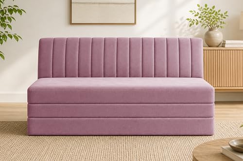 Image of 3-Seater Foldable Floor Sofa Bed with, Modern Velvet Fabric Folding Couch for Living Room, Guest Room & Small Spaces-Rose Pink