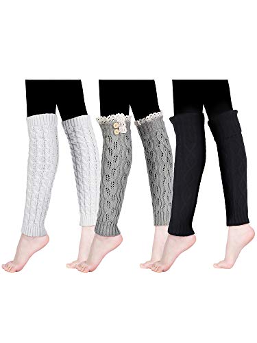 3 Pairs Women Knit Leg Warmers Cable Knit Long Socks Lace Trim Boot Cuffs, 3 Styles (White, Grey, Black)