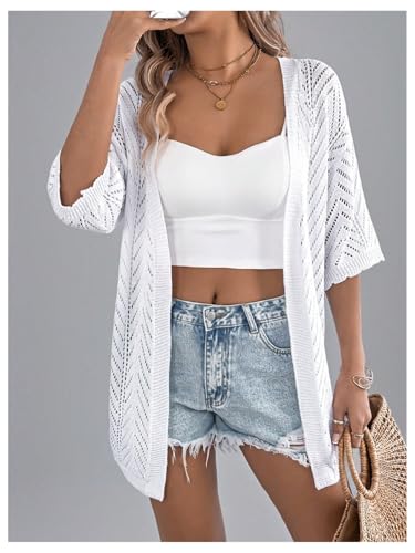 OYOANGLE Women\'s Short Sleeve Crochet Cardigan Sweater Lightweight Open Front Boho Kimono Outerwear White Medium