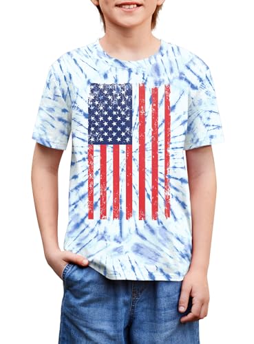 Image of BesserBay Unisex Kids 4th of July American Flag Tee Tie Dye Patriotic Short Sleeve Shirt 6-14 Years
