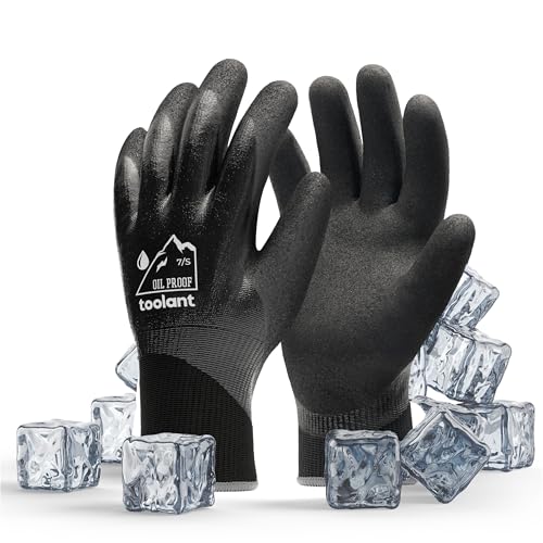 Image of toolant Waterproof Winter Work Gloves, Double Nitrile Oil Resistant Grip | Thermal Insulation, Waterproof Protection in Freezer Work, Construction, Mechanics, Mining, Plumbing, Black, Small
