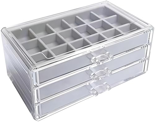 Milky Way Acrylic Jewelry Box for Women, 3 Drawers Velvet Clear Jewellery Organizer for Ring Earring Necklace Bracelet Holder Storage Display Case Gift (Gray)
