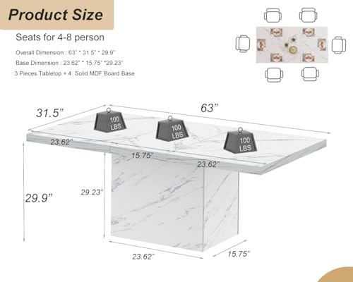 HSH White Faux Marble Dining Table, 160cm Modern Dinner Table for 6 People, Farmhouse Rectangle Kitchen Table for Living Room, Large Wood Dining Room Tables with Strong Pedestal, White Marble, 160cm - Image 2