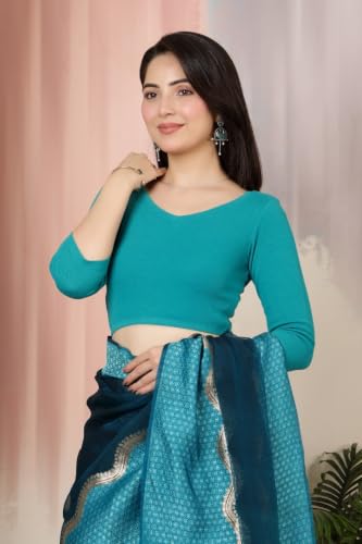 Image of Mlada V-Neck Stretchable Saree Blouse Top for Women | Slim Fit 3 /4th Sleeves Solid Cotton Blouses | Readymade Saree Blouses for Women Festive & Ethnic | Blouse Crop Top