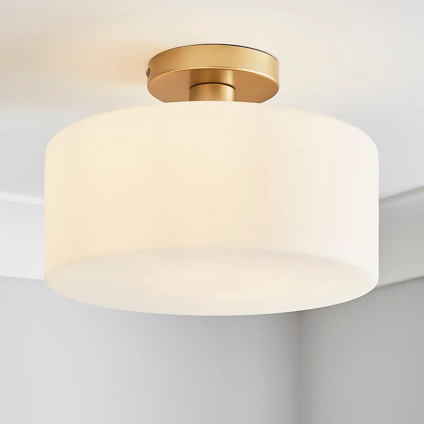 New Modern, Clean and Bright Design Opal Gold Glass Semi Flush Ceiling Light & White Disc Shaped Glass Ideal for Hallways Home Decor