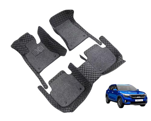 Image of Auto Hub 7D Car Floor Mats Compatible with Kia Seltos [2019-2025], Leatherette, 100% Waterproof & Washable, Seltos Car 7D Floor Mat, Black