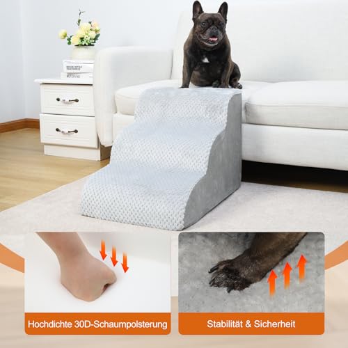 KSIIA Hundetreppe 3 Stufen, 40cm Hoch Haustiertreppe Hundetreppe für Kleine Hunde, Katzentreppe Hunderampe mit Waschbar Bezug für Bett, Couch, Sofa und Auto, 40x57x40cm, Grau