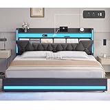 BYSAUD King Size Bed Frame with LED Lights & Charging Station, LED King Bed with Hidden Space and 2-Tier Shelves, Upholstered Metal Bed Frame with Headboard, No Box Spring Needed, Dark Gray, Linen