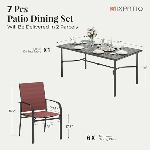 Image of MIXPATIO 7-Piece Outdoor Dining Set 6 Red Textilene Chairs and Steel Rectangle Table with 1.97 inch Umbrella Hole for Deck Garden Backyard Lawn Poolside