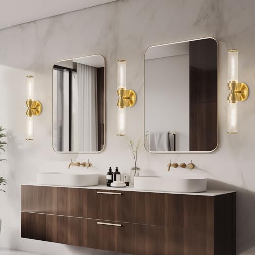 Image of Modern Bathroom Light Fixtures 2 Lights Above Mirror Gold Vanity Light 20 Inch Clear Glass Wall Sconce for Living Room, Bedroom, Bathroom, Kitchen and Hallway