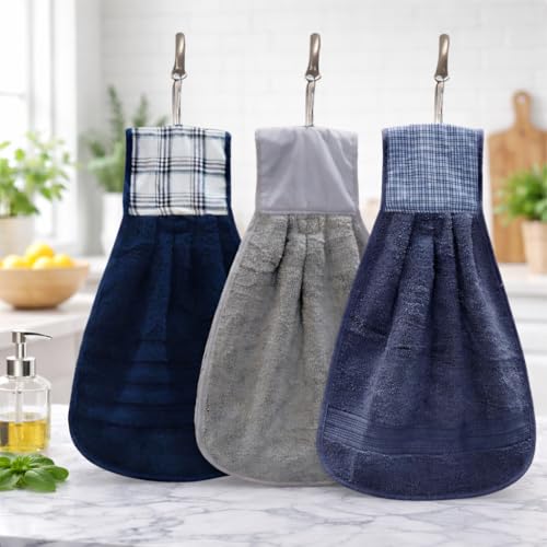 Image of Hand Towel with Loop | 600 GSM | Hanging Napkin for Wash Basin, Kitchen Sink, Bathroom| Pack of 3 in (Grey, Blue and Cream) | Assorted