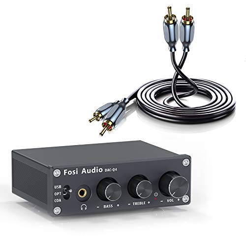 [Fosi Audio DAC-Q4 Bundle with RCA Cable] Fosi Audio Mini Stereo Gaming DAC & Headphone Amplifier with RCA to RCA Cable for Home/Desktop Powered/Active Speakers - Black